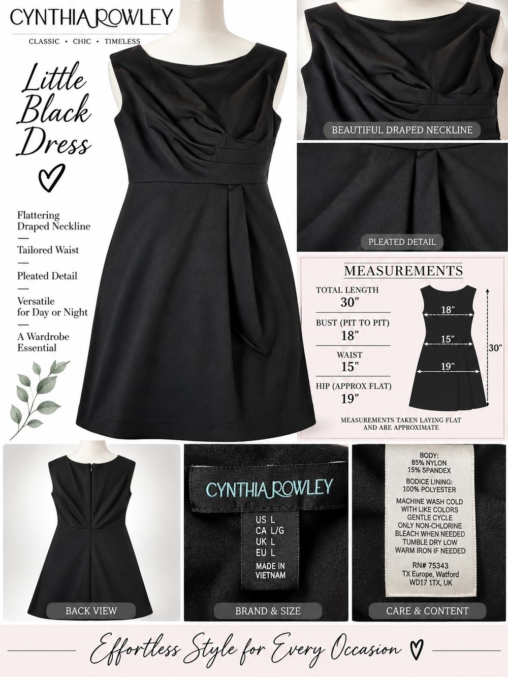 Cynthia Rowley Black Draped Neckline Dress | Size Large